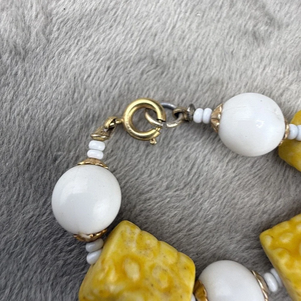 Vintage Beaded Necklace Yellow White Retro Acrylic 23”